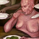 Painting of naked putin eating a peace of the world from a blodd smeared plate