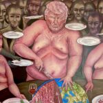Painting of a naked Donald Trump cutting into the bleeding world