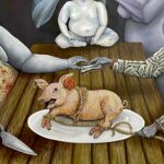 Painting of a piglet bound with ropes and lying on a plate. It is surrounded by people and a child which gets their ears and eyes covered