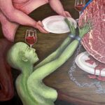 Painting of a shackled and crying green skinned woman trying to shield the bleeding earth