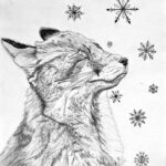 sketch of a fox enjoying the surroinding snowflakes
