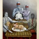 Painting of two blindfolded people covering their childs ears and eyes in front of a table where to people trade money for a bound piglet lying on a platter