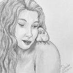 sketch of a woman hugging a chick sitting on her shoulder