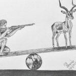 sketch of a wooden blank in top of the world. On the left side a man holding a rifle aiming it on the right side at the deer