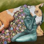 painting of a woman with hair made of flowers hugging a cow