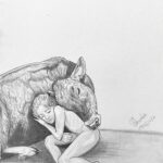 sketch of a woman kneeling while hugging a cow