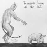 sketch of the devil in human form hunting a scared pig