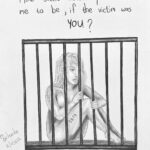 sketch of a woman sitting in a cage with a livestock number tattooed on her leg
