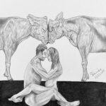 sketch of two cows lovingly bumping their foreheads and inftont of them is a man and a woman hugging
